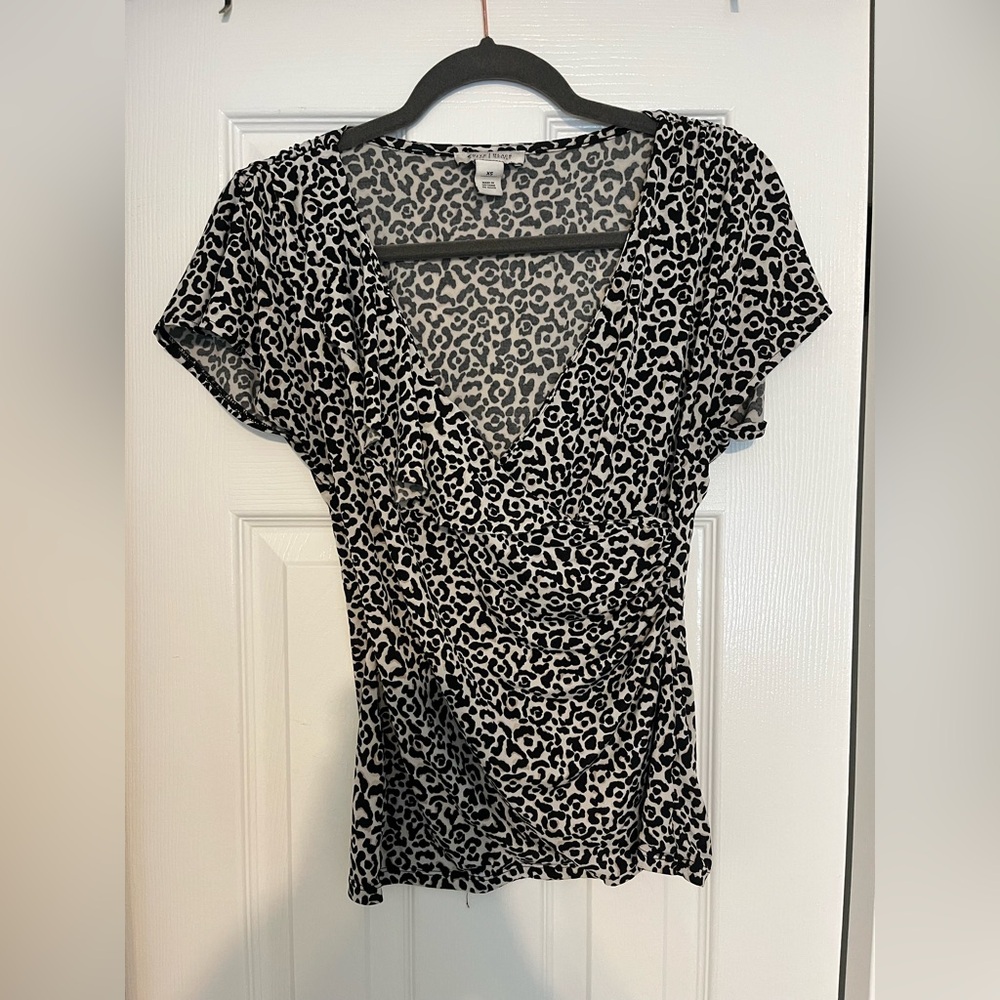 White House Black Market Black and White Wrap Blouse